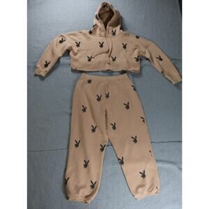 Playboy x Misguided 12 Cropped Top Hoodie Sweatpants Set All Over Logo Print